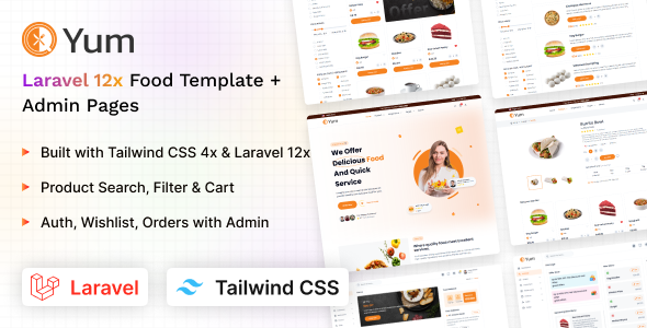 Yum - Tailwind CSS & Laravel 12 Client & Admin Food Template
