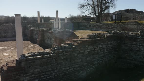 GAMZIGRAD, SERBIA - DECEMBER 25, 2017 Wall ruins and columns of Felix Romuliana  built by Roman Empe