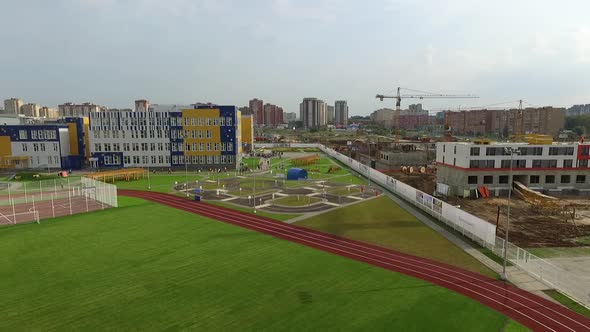 the exterior of the new modern school in the modern residential district,exterior