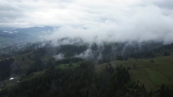 Ukraine, Carpathians: Fog in the Mountains. Aerial.