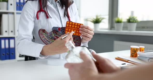 The Doctor Shows Pills and a Medical Model of the Liver