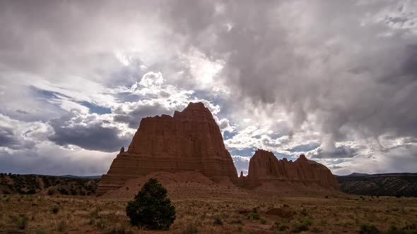 Time lapse of storm clouds moving over the desert in Cathedral Valley