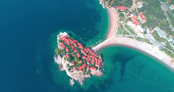 Sveti Stefan near Budva, Montenegro. Famous Old Town village island luxury hotel on Adriatic sea