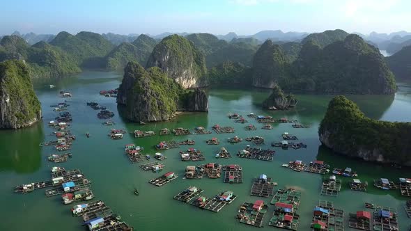 High Aerial View Floating Village in Bay and Boundless Islands