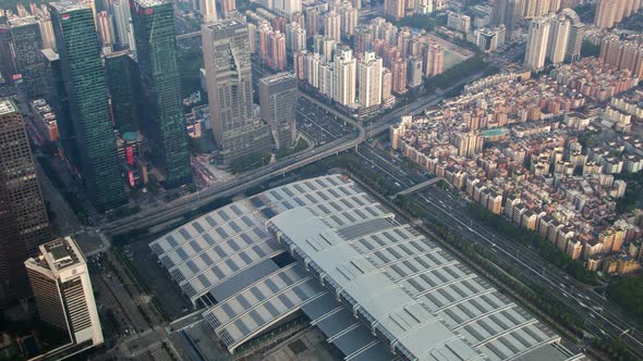 Shenzhen Central Business District Aerial Skyline Panorama Timelapse Pan Up