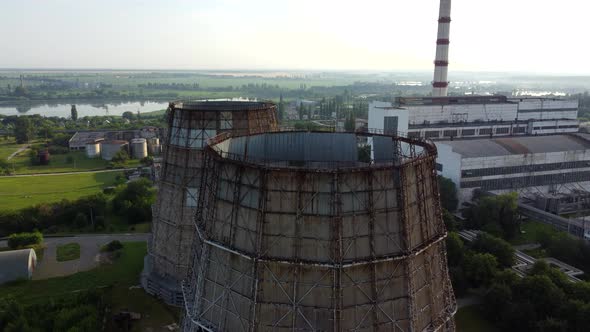 Aerial Drone View Flight Near Thermal Power Plant