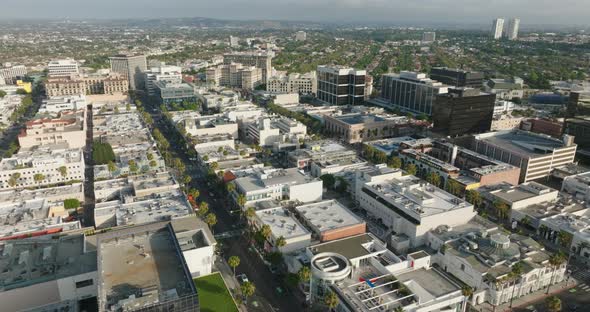 Drone Above Busy Beverly Hills Streets and Businesses During the Day