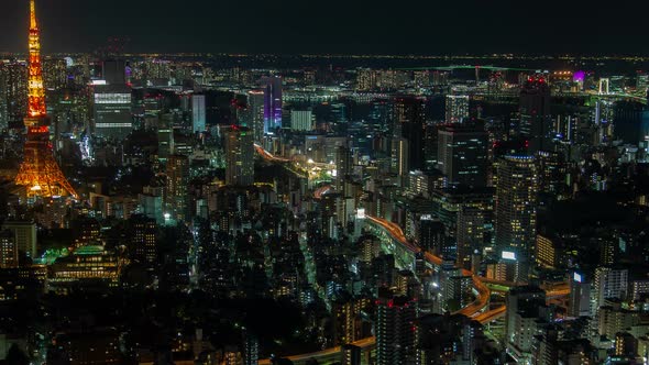 Timelapse Overpass Tokyo Highways Near Coloured Tower