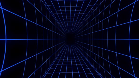 Flying through infinite blue neon grid frame with copy space
