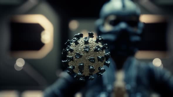 Woman in Protective Medical Mask on Her Face Looking at COVID19 Coronavirus alt