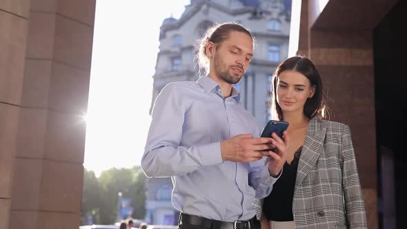 People, Technology, Business Man And Woman Using Phone Outdoors