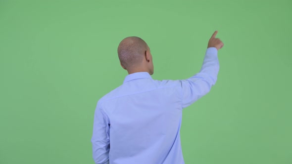 Rear View of Bald Multi Ethnic Businessman Pointing Finger