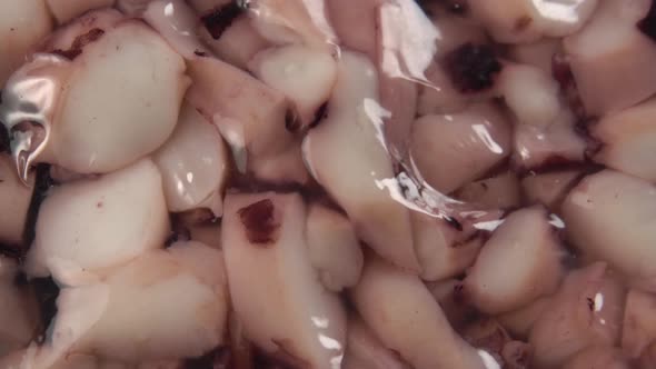 Sliced frozen octopus tentacles in plastic packaging