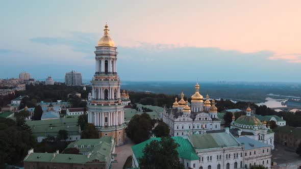 Kyiv-Pechersk Lavra in the Morning at Sunrise. Ukraine. Aerial View