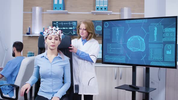 Neurology Female Doctor Making Adjustments To Brainwaves Headset