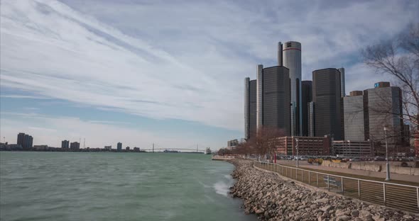 Time lapse of cloudy sky over the GM building in downtown Detroit next to the Detroit river. This vi