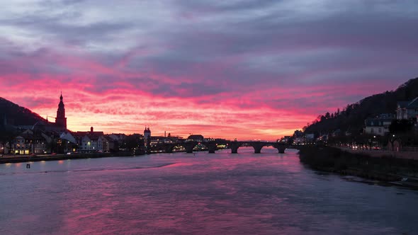 Dusk timelapse of Neckar river and Heidelberg