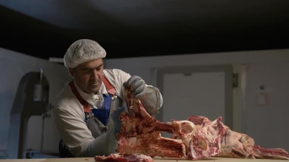 Meat Processing Plant Butcher Cuts Beef Carcasses Meat Production and Food Industry the Process of