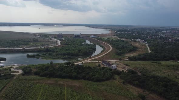 Summer Sunny Drone Shot Aerial View Flying Over Lake Close to Bucharest RO