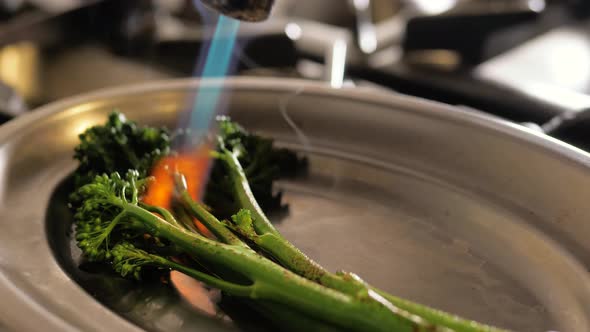 Chef Fire Vegetables Herbs Spices on Modern Kitchen in Restaurant, Cooking Burns with Fire Gun