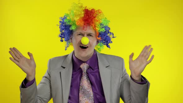 Clown Businessman Entrepreneur Boss in Wig Waves His Hands. Yellow Background