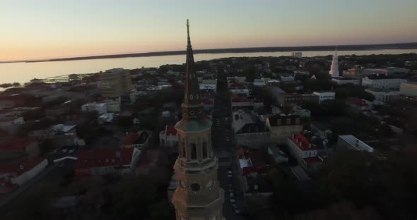 Aerial of downtown Charleston sunrise with Saint Philips Church