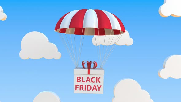 Box with BLACK FRIDAY Text Falls with a Parachute
