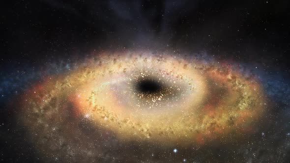 A black hole in the middle of the glowing galaxy consuming the star systems.