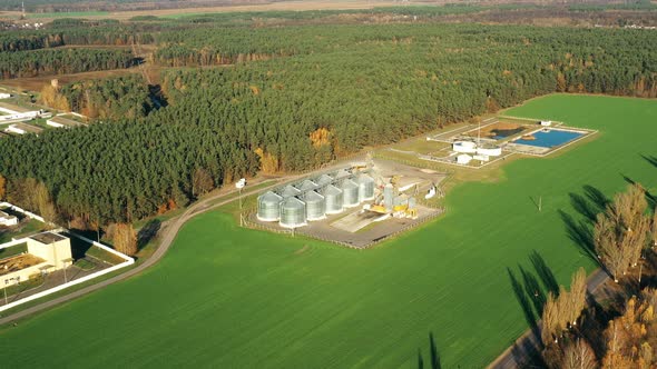 Aerial View Modern Granary Graindrying Complex Commercial Grain Or Seed Silos In Sunny Rural