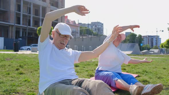 Elderly couple playing sports on a mat in the park.