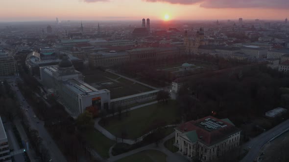 Court Garden in Munich, Germany at Golden Hour Sunset with View Over the Whole City, Aerial Drone