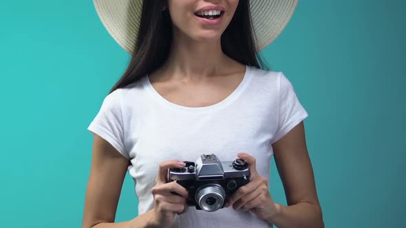 Impressed Asian Female Tourist in Hat Making Photo, Sightseeing, Travel Concept
