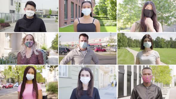 Compilation  Group of Nine Multicultural People with Face Mask Looks at the Camera