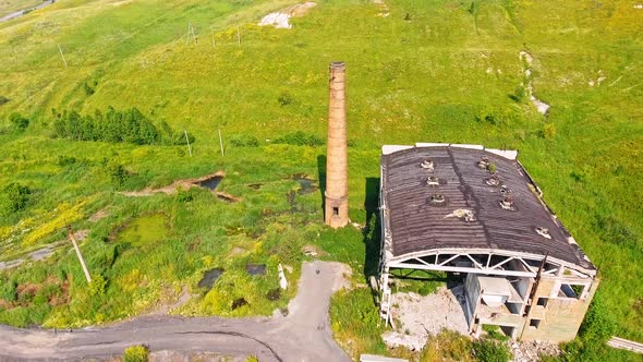 Old Abandoned Factory with Production Department, Industrial Destroyed Building. Aerial View Old