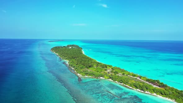 Aerial above sky of beautiful resort beach trip by blue water and white sandy background of a dayout