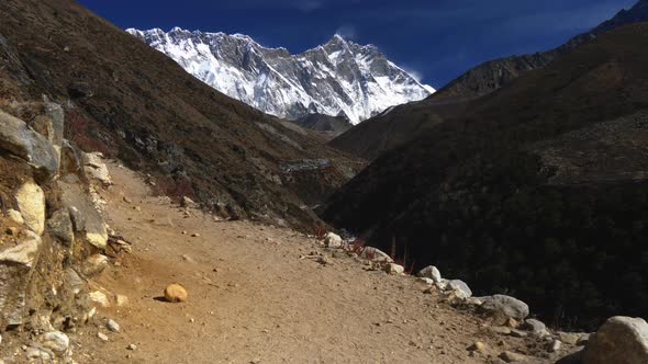 Nepal. Walking the Everest Base Camp Trek. Snowy Mount Everest Is Seen in the Background. 