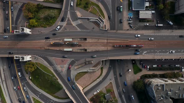 Aerial Birds Eye Overhead Top Down View of Heavy Traffic on Road Intersection