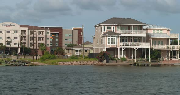 Aerial of affluent Lakefront homes in near Galveston, Texas