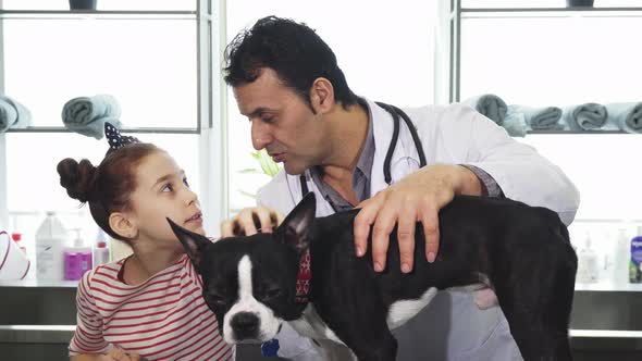 Professional Mature Vet Examining Dog of a Little Girl at the Clinic