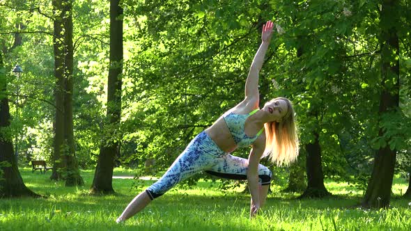 A Fit Beautiful Woman Does Yoga in a Park on a Sunny Day