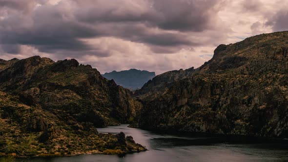 Salt river flowing into Saguaro lake in a stormy day time lapse