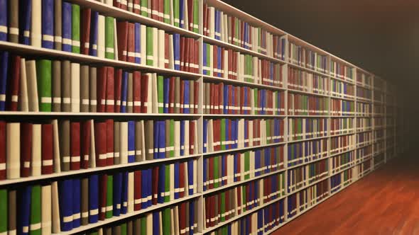 Moving Along Book Shelf with a Lot of Different Books on Each Shelf