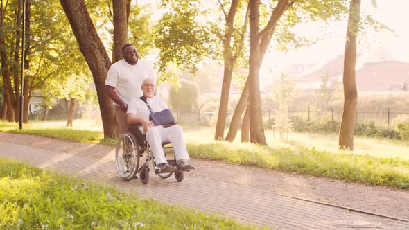 African-American caregiver and old disabled man in a wheelchair. Nurse and patient.