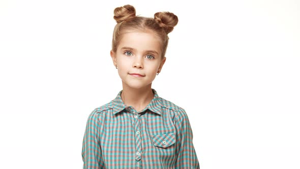 Young Beautiful Adorable Caucasian Kid Girl in Plaid Shirt Smiling and Showing Ok on White