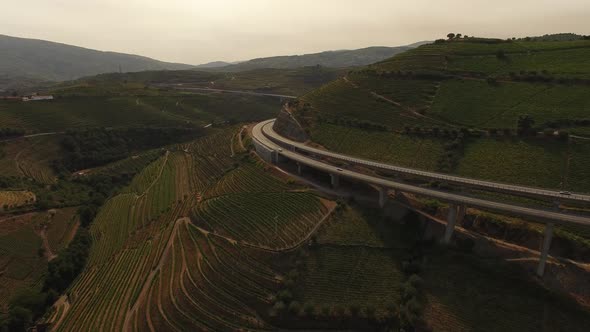 Travel on Highway in Mountain Vineyards. Douro Valley Portugal