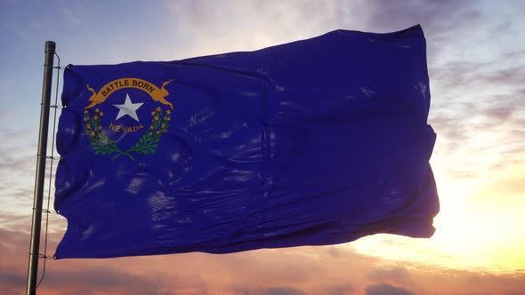 Flag of Nevada Waving in the Wind Against Deep Beautiful Sky at Sunset