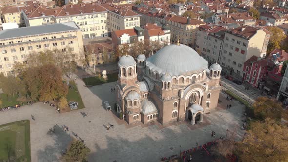 4k Aerial view of Sveti Sedmochislenitsi Church in Sofia, Bulgaria