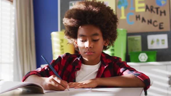 Portrait of african american schoolboy sitting in class, making notes, looking at camera