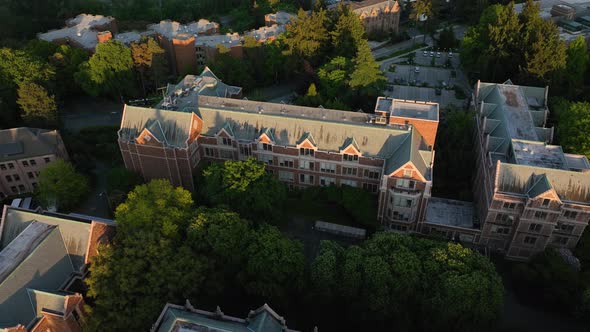 Aerial of the Communication building at the University of Washington during sunset.