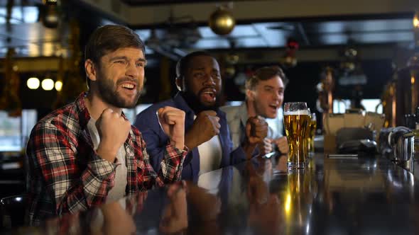 Sport Fans Watching Championship in Pub, Happy About Victory of Favorite Team